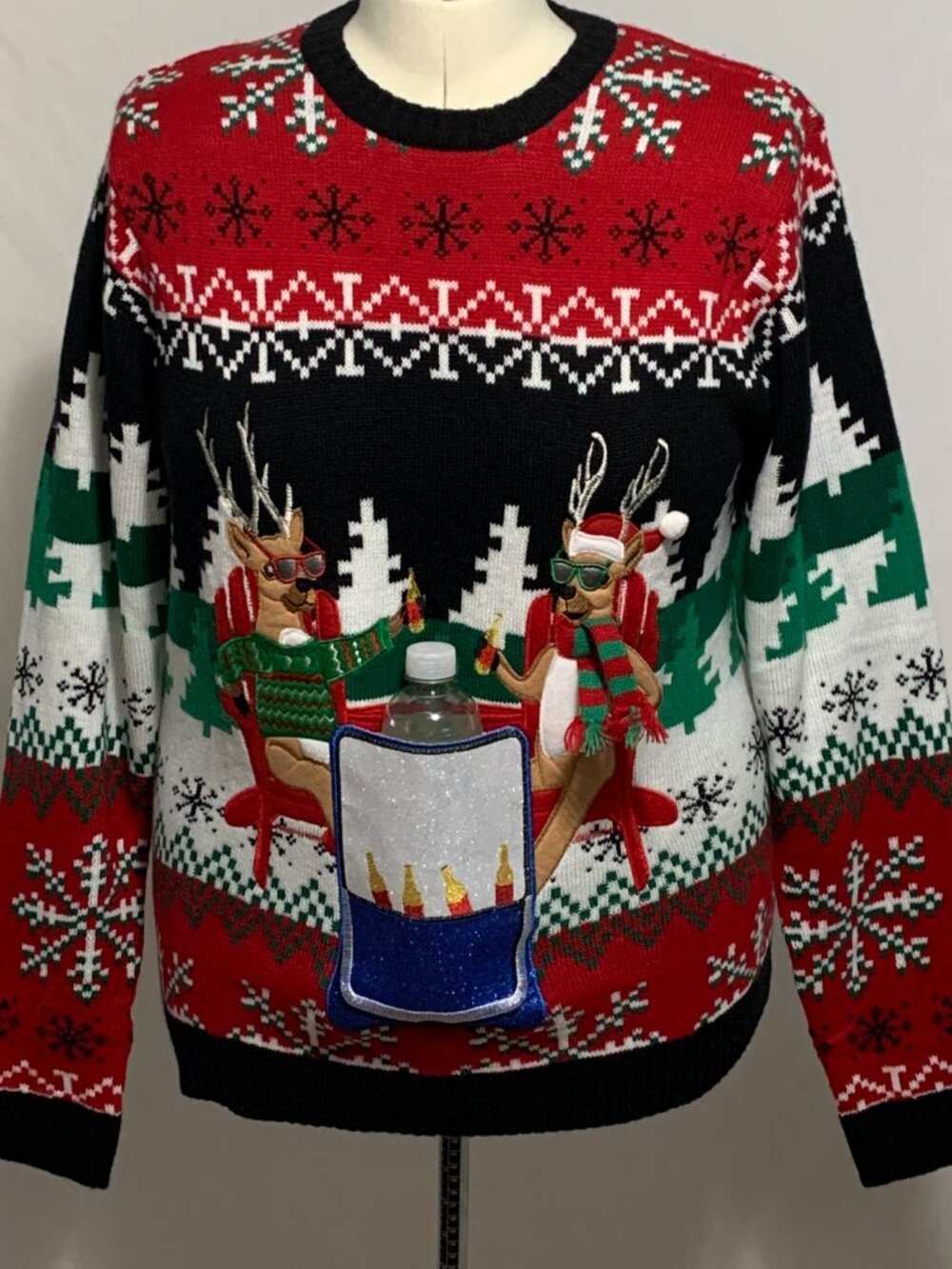Ugly Christmas Sweater Drinking Reindeer Cooler Drink Beer Holder MENS Womens M - Picture 4 of 5
